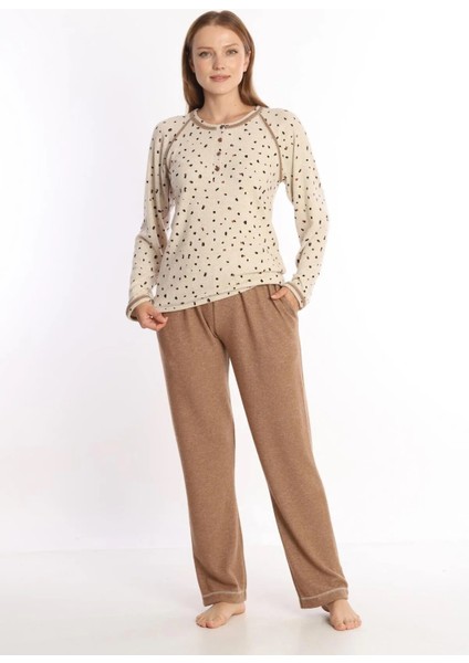 Pamuklu Soft Cepli Kadın Pijama Takımı Bej