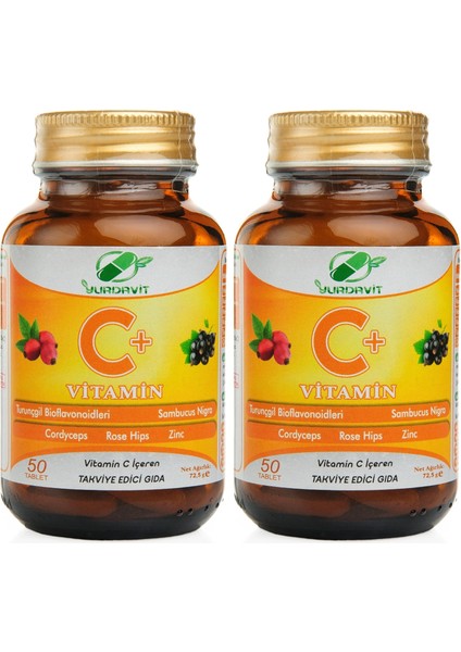 Vitamin C Vitamini 1000 mg 2 x 50 Tablet Kuşburnu Çinko Kordiseps Mantarı Kara Mürver