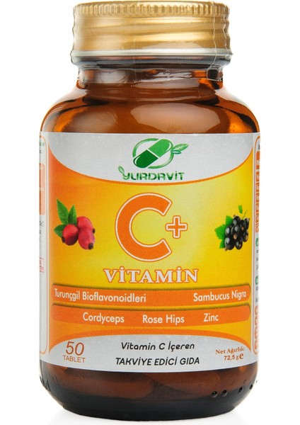 Vitamin C Vitamini 1000 mg 2 x 50 Tablet Kuşburnu Çinko Kordiseps Mantarı Kara Mürver