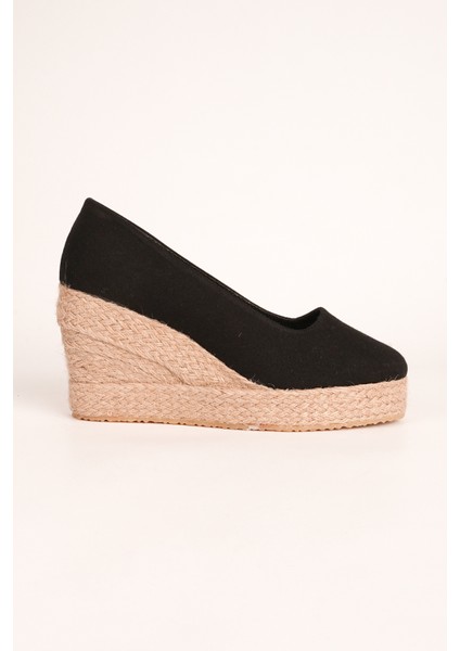 Siyah Platformlu Keten Espadril Dolgu Topuk