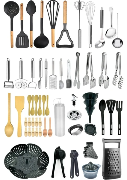 63 Adet Ahşap Çelik Plastik Çeyiz Seti, Kepçe Spatula Set, Maşa Set, Tahta Kaşık Spatula, Mutfak Set