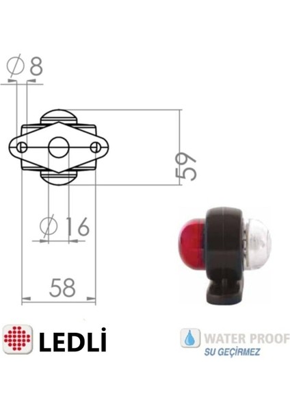 Mini Takoz Lamba Tek Ledli Kırmızı-Beyaz 12V-24V 1 Adet indirimleri