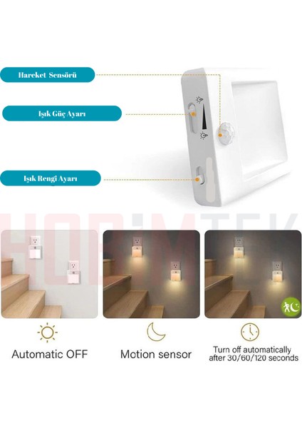 Akıllı Hareket Sensörlü LED Gece Lambası Fişe Takılan Hareket Sensörlü Güç Ayarlı LED Işık modelleri