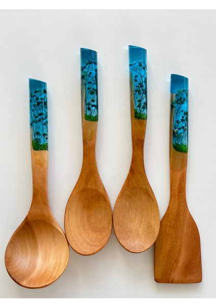 Gece Mavisi El Yapımı Bambu Mutfak Seti 4'lü