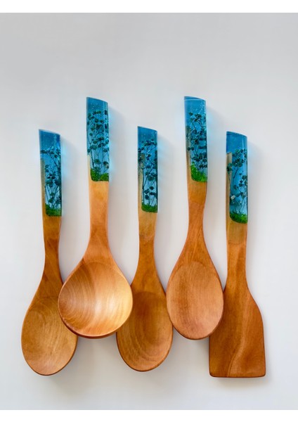 Gece Mavisi Serisi 5 Parça Tahta Servis ve Pişirme Mutfak Seti Takımı 29 Cm.