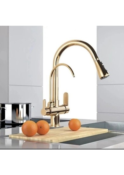 Spiralli Mutfak Evye Bataryası Dual Su Arıtma Çıkışlı Kısa Model Gold