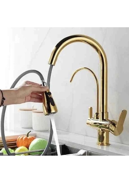 Spiralli Mutfak Evye Bataryası Dual Su Arıtma Çıkışlı Kısa Model Gold