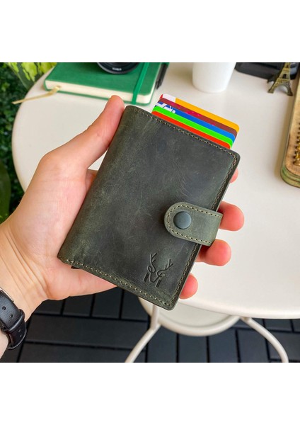 Orlando - Hakiki Deri Rfid Korumalı Mekanizmalı Yeşil Erkek Akıllı Kartlık Cüzdan
