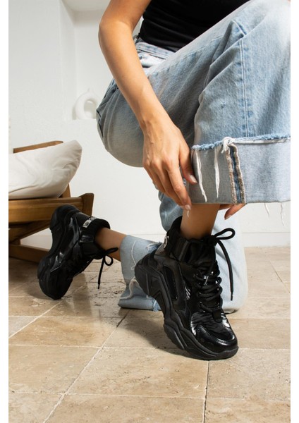 Destina Kadın Sneakers Bilek Triko Dokumalı Spor Bot Siyah Rugan