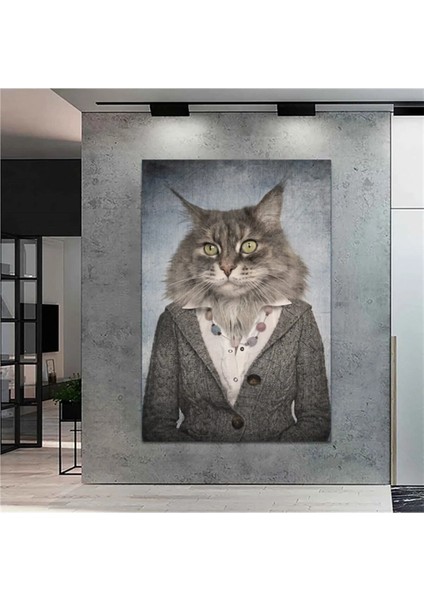 Extra Dev Boyut Dekoratif Kıyafet Giymiş Kedi Kanvas Tablo DR0106