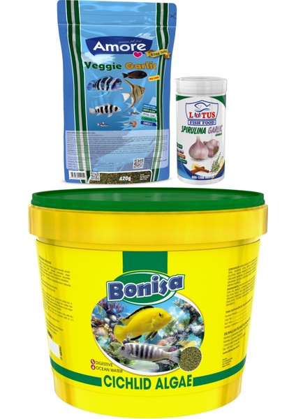 Cichlid Algae 3 Kg, Amore Veggie Garlic Pro 420GR, Lotus 100ML Spirulina Garlic Balık Yemi