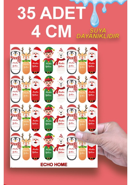 Mutlu Yıllar Sticker 4 cm 35 Adet - Suya Dayanıklı Yeni Yıl Yılbaşı Figürleri Etiket