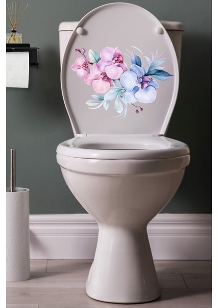 Lila Renkli Çiçekler Klozet Sticker Kapağı ve Banyo Sticker