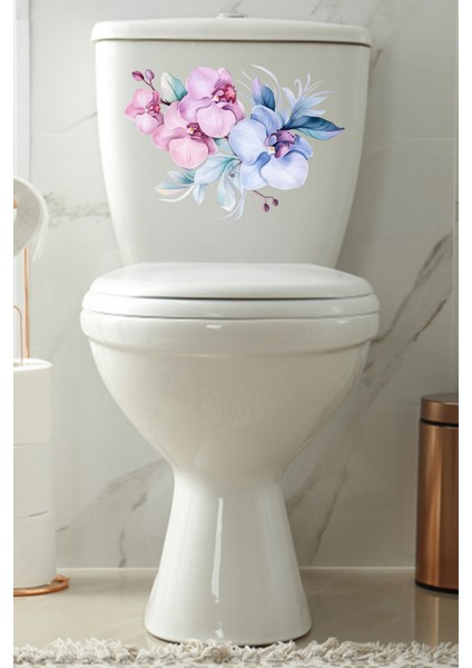 Lila Renkli Çiçekler Klozet Sticker Kapağı ve Banyo Sticker