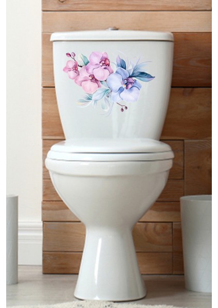 Lila Renkli Çiçekler Klozet Sticker Kapağı ve Banyo Sticker