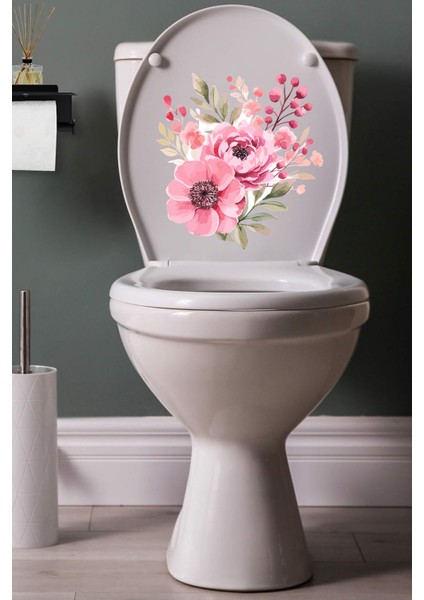 Sulu Boya Pembe Çiçekler Klozet ve Banyo Sticker Seti