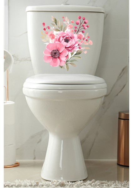 Sulu Boya Pembe Çiçekler Klozet ve Banyo Sticker Seti