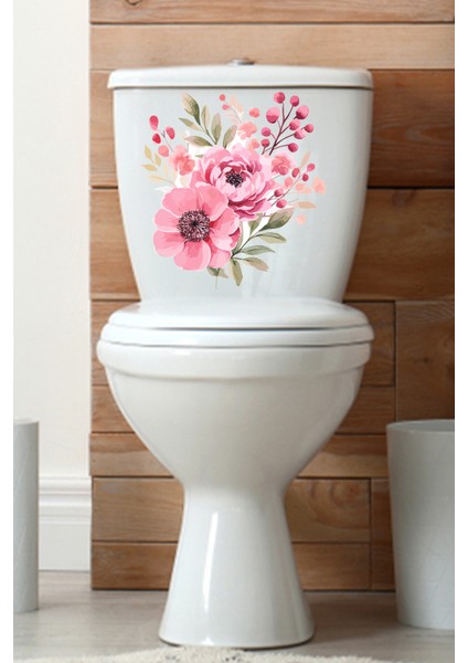Sulu Boya Pembe Çiçekler Klozet ve Banyo Sticker Seti