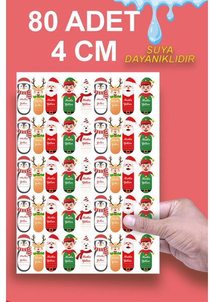 Mutlu Yıllar Sticker 4 cm 80 Adet - Suya Dayanıklı Yeni Yıl Yılbaşı Figürleri Etiket