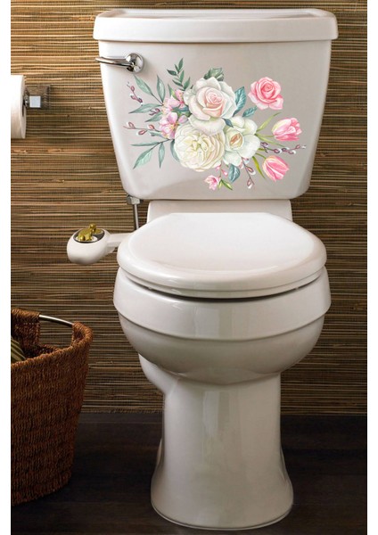 Klozet Sticker Beyaz Pembe Çiçekler Banyo Sticker Seti