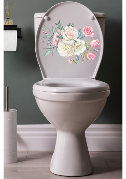 Klozet Sticker Beyaz Pembe Çiçekler Banyo Sticker Seti