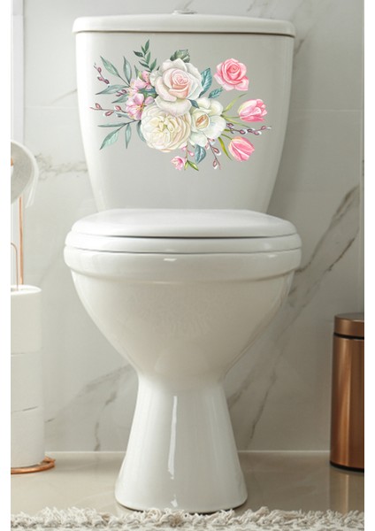 Klozet Sticker Beyaz Pembe Çiçekler Banyo Sticker Seti
