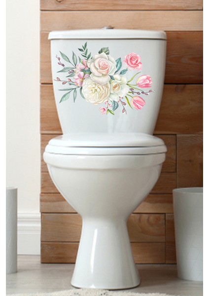 Klozet Sticker Beyaz Pembe Çiçekler Banyo Sticker Seti