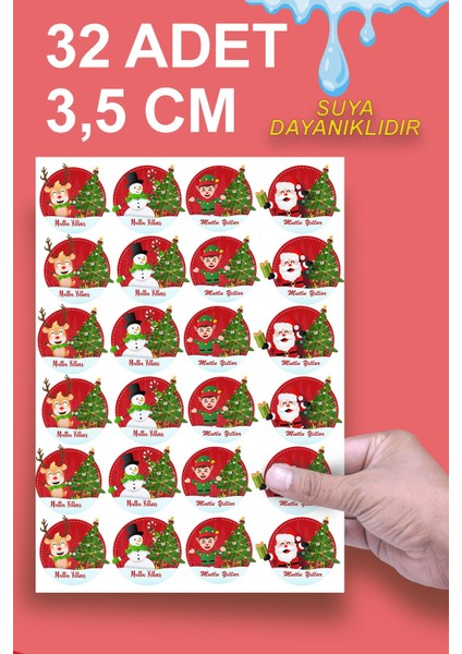 Mutlu Yıllar Sticker 3,5 cm 32 Adet Suya Dayanıklı Yeni Yıl Yılbaşı Figürleri Etiketler
