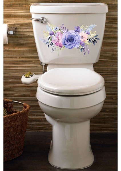 Sulu Boya Mor Renkli Güller Klozet Sticker Banyo Sticker