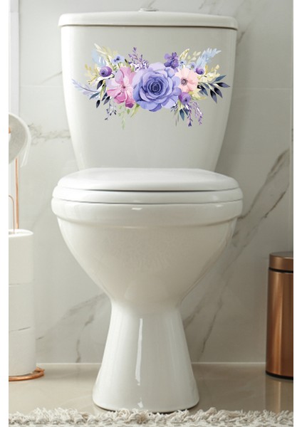 Sulu Boya Mor Renkli Güller Klozet Sticker Banyo Sticker modelleri