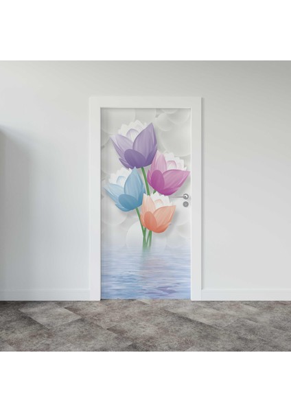 Kapı Giydirme Kapı Sticker Folyosu 3D Renkli Çiçekler