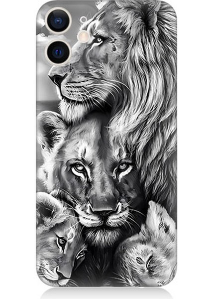 Apple iPhone 12 Mini Uyumlu Silikon Kılıf Siyah Beyaz Aslan Ailesi