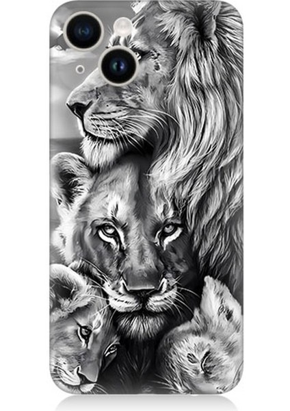 Apple iPhone 13 Mini Uyumlu Silikon Kılıf Siyah Beyaz Aslan Ailesi