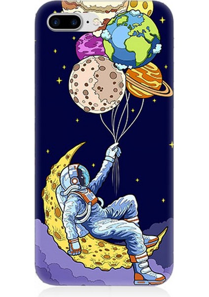 Apple iPhone 8 Plus Uyumlu Silikon Kılıf Astranot ve Gezegen Balonlar
