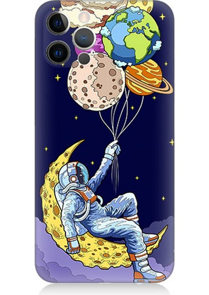 Apple iPhone 12 Pro Max Uyumlu Silikon Kılıf Astranot ve Gezegen Balonlar