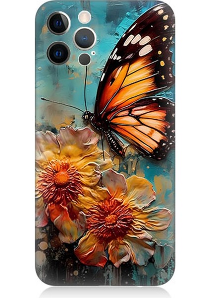 Apple iPhone 12 Pro Max Uyumlu Silikon Kılıf Altın Kelebek ve Papatya