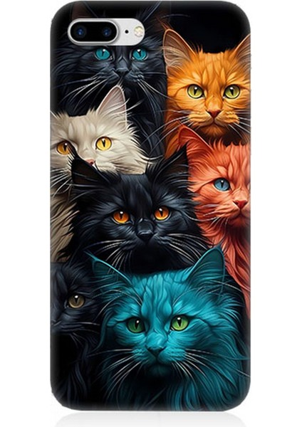 Apple iPhone 7 Plus Uyumlu Silikon Kılıf Renkli Sevimli Kedi Yüzleri