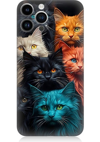 Apple iPhone 13 Pro Uyumlu Silikon Kılıf Renkli Sevimli Kedi Yüzleri