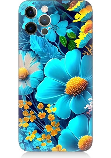 Apple iPhone 12 Pro Max Uyumlu Silikon Kılıf Mavi Sarı Çiçekler
