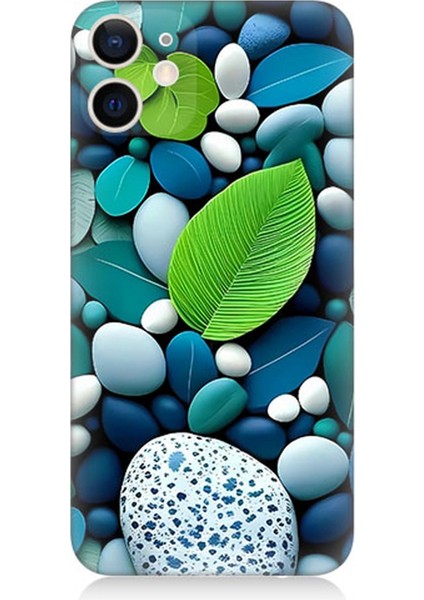 Apple iPhone 12 Mini Uyumlu Silikon Kılıf Mavi Turkuaz Taşlar ve Yeşil Yaprak