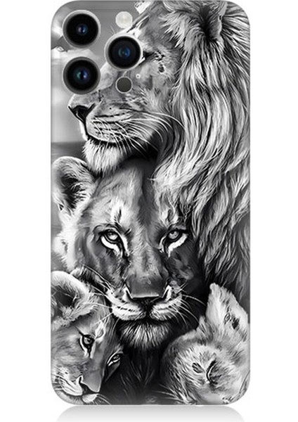 Apple iPhone 13 Pro Uyumlu Silikon Kılıf Siyah Beyaz Aslan Ailesi
