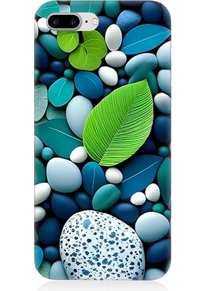 Apple iPhone 8 Plus Uyumlu Silikon Kılıf Mavi Turkuaz Taşlar ve Yeşil Yaprak