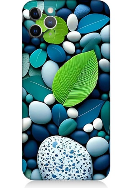 Apple iPhone 11 Pro Uyumlu Silikon Kılıf Mavi Turkuaz Taşlar ve Yeşil Yaprak