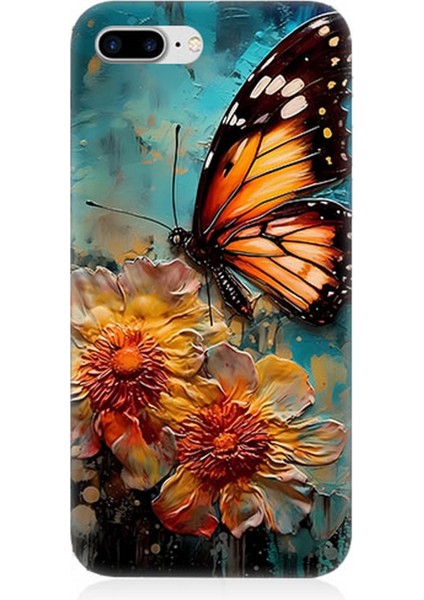 Apple iPhone 7 Plus Uyumlu Silikon Kılıf Altın Kelebek ve Papatya