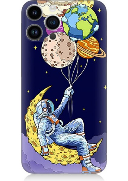 Apple iPhone 14 Pro Max Uyumlu Silikon Kılıf Astranot ve Gezegen Balonlar