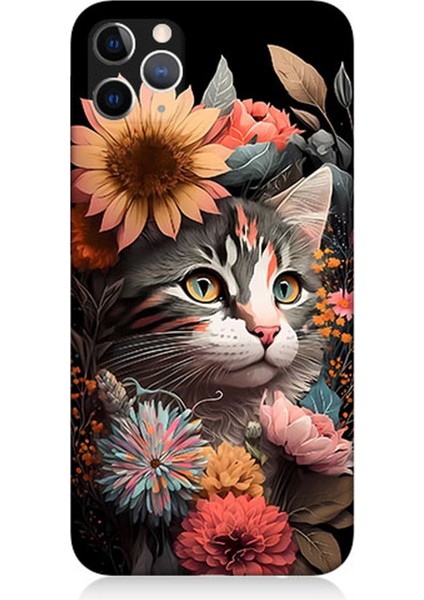 Apple iPhone 11 Pro Max Uyumlu Silikon Kılıf Çiçekler ve Kül Gri Kedi