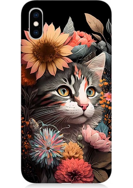 Apple iPhone Xs Max Uyumlu Silikon Kılıf Çiçekler ve Kül Gri Kedi
