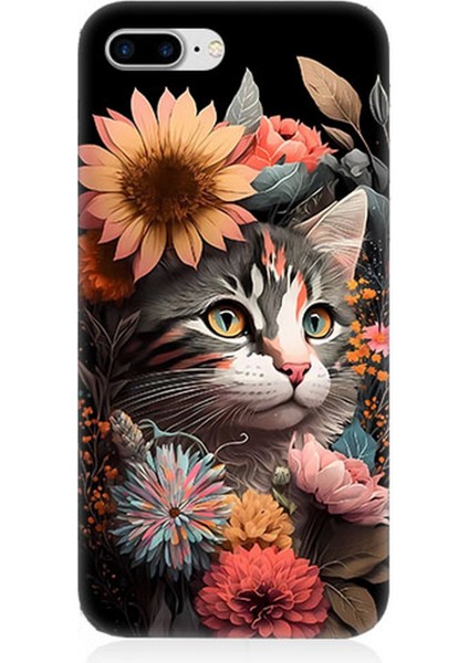 Apple iPhone 7 Plus Uyumlu Silikon Kılıf Çiçekler ve Kül Gri Kedi