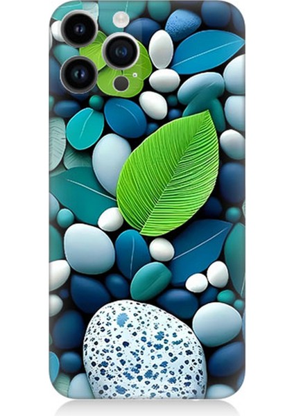 Apple iPhone 13 Pro Uyumlu Silikon Kılıf Mavi Turkuaz Taşlar ve Yeşil Yaprak