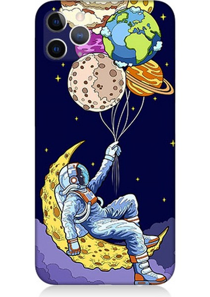 Apple iPhone 11 Pro Max Uyumlu Silikon Kılıf Astranot ve Gezegen Balonlar